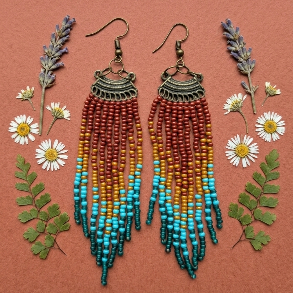 Bronze Earthtone Handmade Beaded Earrings Fringe
